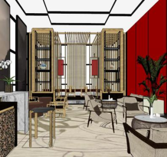 新中式售楼处su模型下载_sketchup草图大师SKP模型