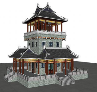 中式塔楼外观SU模型下载_sketchup草图大师SKP模型