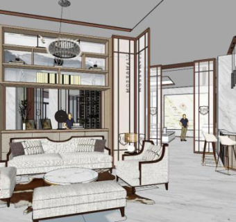 新中式售楼处景观su模型下载_sketchup草图大师SKP模型