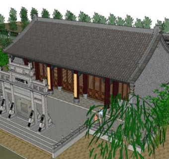 中式古建牟家村祠堂广场SU模型下载_sketchup草图大师SKP模型