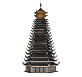 中式多层重塔建筑SU模型下载_sketchup草图大师SKP模型