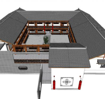 中式元素四合院建筑SU模型下载_sketchup草图大师SKP模型