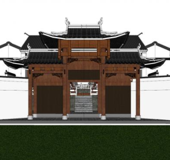 中式木制古建祠堂SU模型下载_sketchup草图大师SKP模型