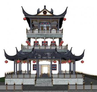 中式元素塔楼设计SU模型下载_sketchup草图大师SKP模型