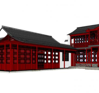 中式茶庄外观SU模型下载_sketchup草图大师SKP模型