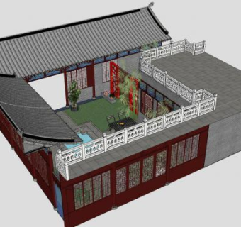 中式民居院落设计SU模型下载_sketchup草图大师SKP模型