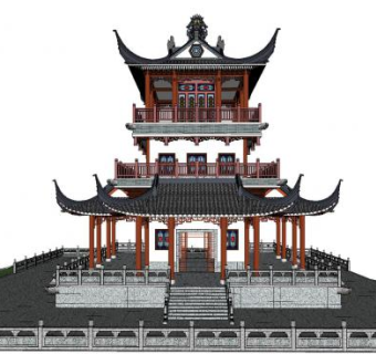 中式塔楼阁楼SU模型下载_sketchup草图大师SKP模型