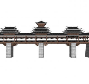 中式廊道桥楼建筑SU模型下载_sketchup草图大师SKP模型