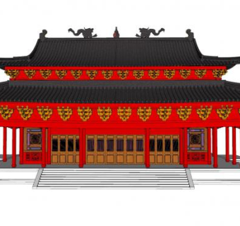 中式古建红色殿宇SU模型下载_sketchup草图大师SKP模型
