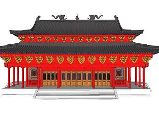 中式古建红色殿宇SU模型下载_sketchup草图大师SKP模型