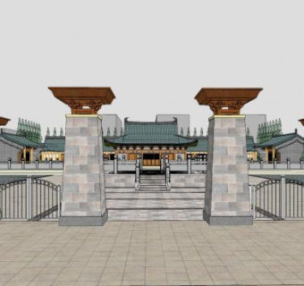 新中式寺庙外观SU模型下载_sketchup草图大师SKP模型