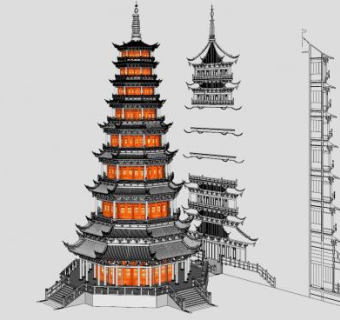 中式古塔建筑SU模型下载_sketchup草图大师SKP模型