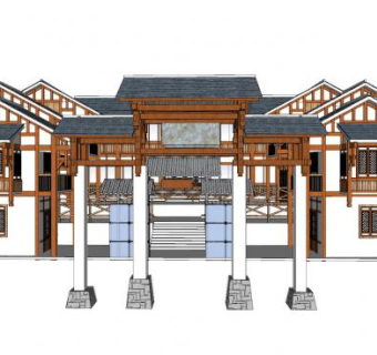 中式古建牌坊民房SU模型下载_sketchup草图大师SKP模型