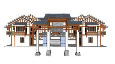 中式古建牌坊民房SU模型下载_sketchup草图大师SKP模型