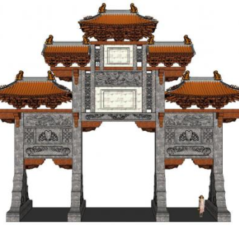 中古典式牌坊大门寨门设计su模型下载_sketchup草图大师SKP模型