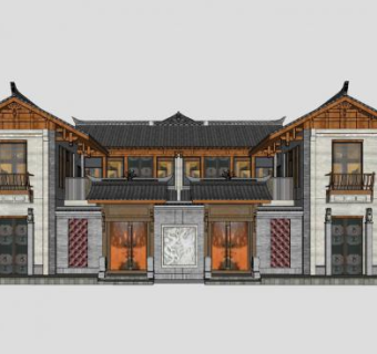 中式古建水景民房SU模型下载_sketchup草图大师SKP模型