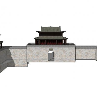 中式浮梁城墙建筑SU模型下载_sketchup草图大师SKP模型