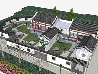 中式传统四合院园林庭院SU模型下载_sketchup草图大师SKP模型