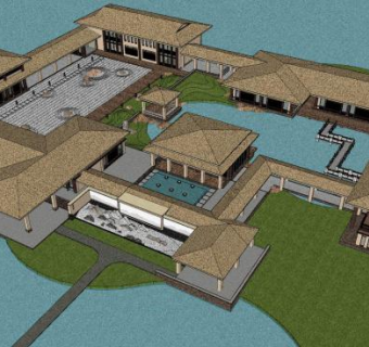 中式水上建筑会所SU模型下载_sketchup草图大师SKP模型