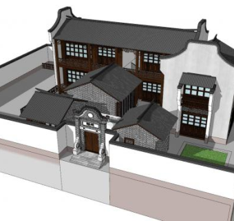 中式恰苑民居建筑SU模型下载_sketchup草图大师SKP模型