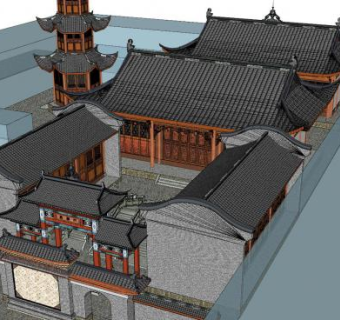 中式星福门寺庙建筑SU模型下载_sketchup草图大师SKP模型