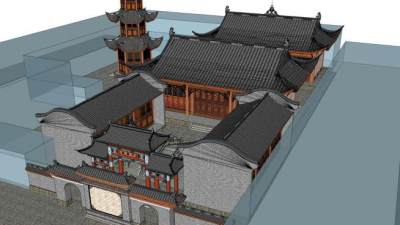 中式星福门寺庙建筑SU模型下载_sketchup草图大师SKP模型