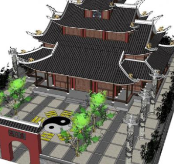 中式龙王庙建筑SU模型下载_sketchup草图大师SKP模型