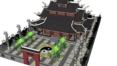 中式龙王庙建筑SU模型下载_sketchup草图大师SKP模型