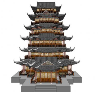中式六层塔建筑SU模型下载_sketchup草图大师SKP模型
