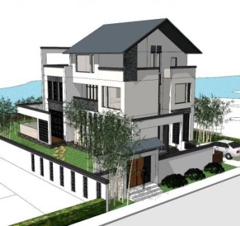 中式海景别墅建筑SU模型下载_sketchup草图大师SKP模型