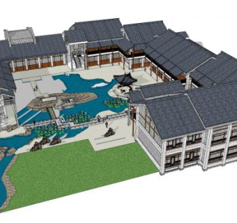 中式古建筑水景院落SU模型下载_sketchup草图大师SKP模型