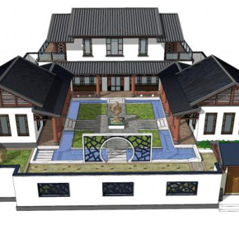 中式别墅水景院落建筑SU模型下载_sketchup草图大师SKP模型