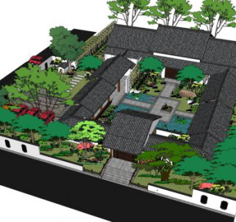 中式四合院院落SU模型下载_sketchup草图大师SKP模型