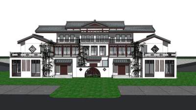 中式独栋别墅建筑SU模型下载_sketchup草图大师SKP模型