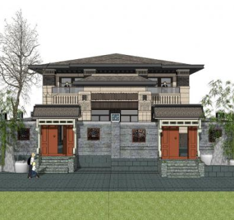 中式元素别墅建筑SU模型下载_sketchup草图大师SKP模型