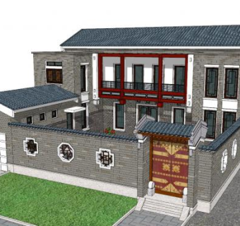 中式院落别墅建筑SU模型下载_sketchup草图大师SKP模型