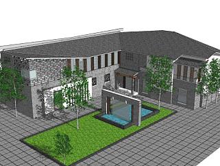 新中式别墅庭院建筑SU模型下载_sketchup草图大师SKP模型