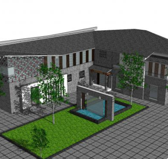 新中式别墅庭院建筑SU模型下载_sketchup草图大师SKP模型