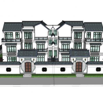 中式联排别墅外观SU模型下载_sketchup草图大师SKP模型