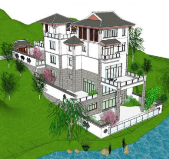 中式郊区别墅建筑SU模型下载_sketchup草图大师SKP模型