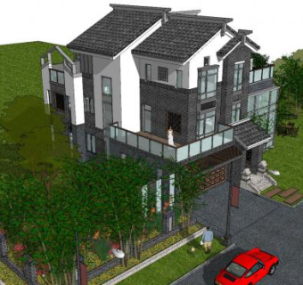 中式独栋别墅sketchup模型下载_sketchup草图大师SKP模型