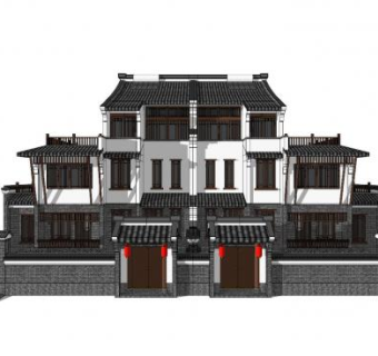 中式联排别墅sketchup模型下载_sketchup草图大师SKP模型