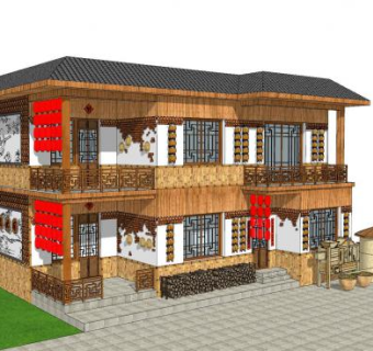 中式农家客栈建筑SU模型下载_sketchup草图大师SKP模型