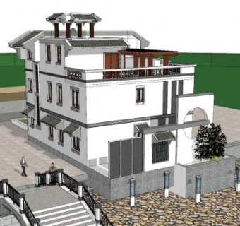 中式别墅拱桥建筑SU模型下载_sketchup草图大师SKP模型