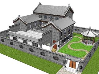 中式别墅合院建筑SU模型下载_sketchup草图大师SKP模型
