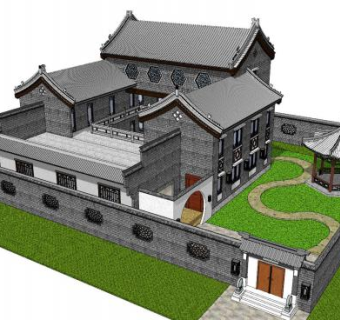中式别墅合院建筑SU模型下载_sketchup草图大师SKP模型