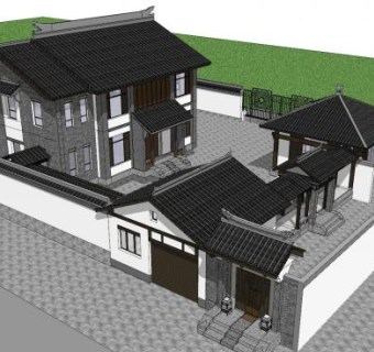 新中式别墅合院外观SU模型下载_sketchup草图大师SKP模型