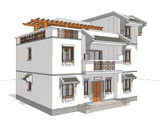 中式独栋别墅设计SU模型下载_sketchup草图大师SKP模型