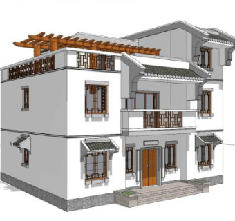 中式独栋别墅设计SU模型下载_sketchup草图大师SKP模型