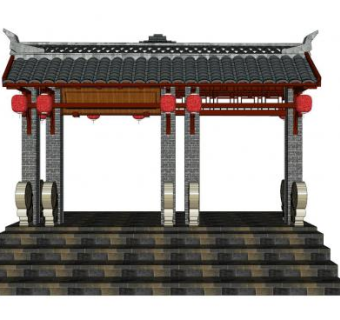 中式古大门SU模型下载_sketchup草图大师SKP模型